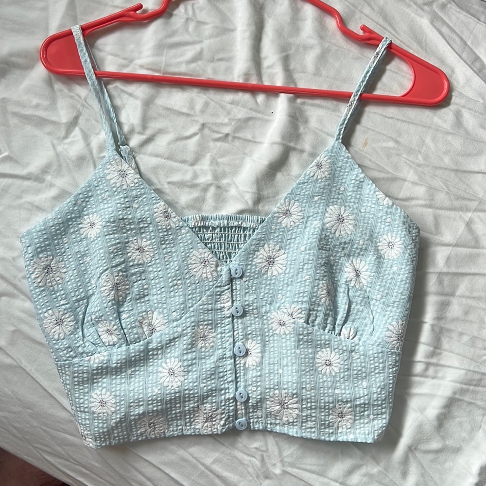 blue top w/ sparkly flowers